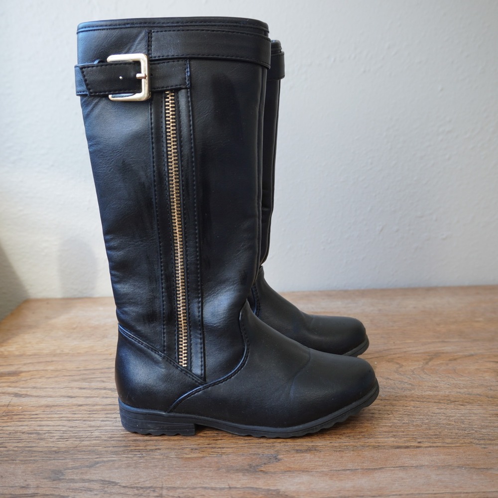 Cat & Jack Kids 11M Black Riding Boots Faux Leather Gold Zip Buckle Fall School